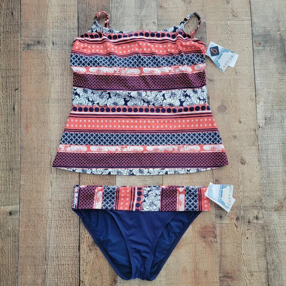 Captiva Coral and Navy Print Tankini Bathing Suit - Picture 1 of 16
